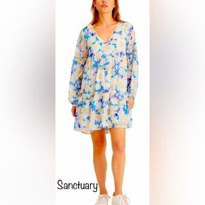 🔥NWT🔥 SANCTUARY Imagine Abstract Floral Long Sleeve Babydoll Dress in Blue W4